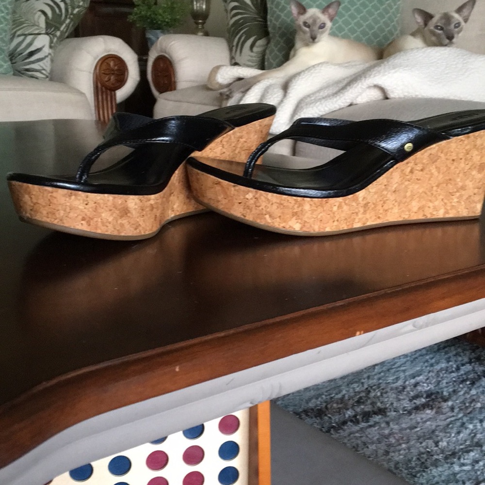 UGG Black Patent Leather and Cork Wedge Heels